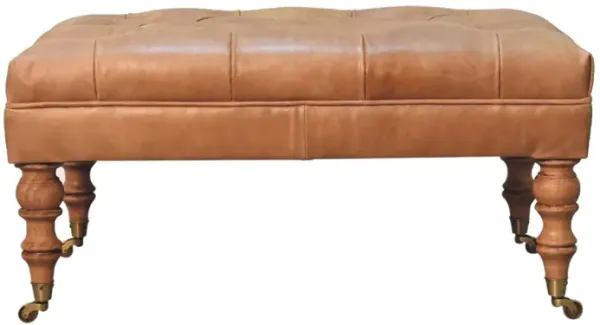 Artisan Furniture  Solid Wood Buffalo Tan Leather Ottoman with Castor Legs