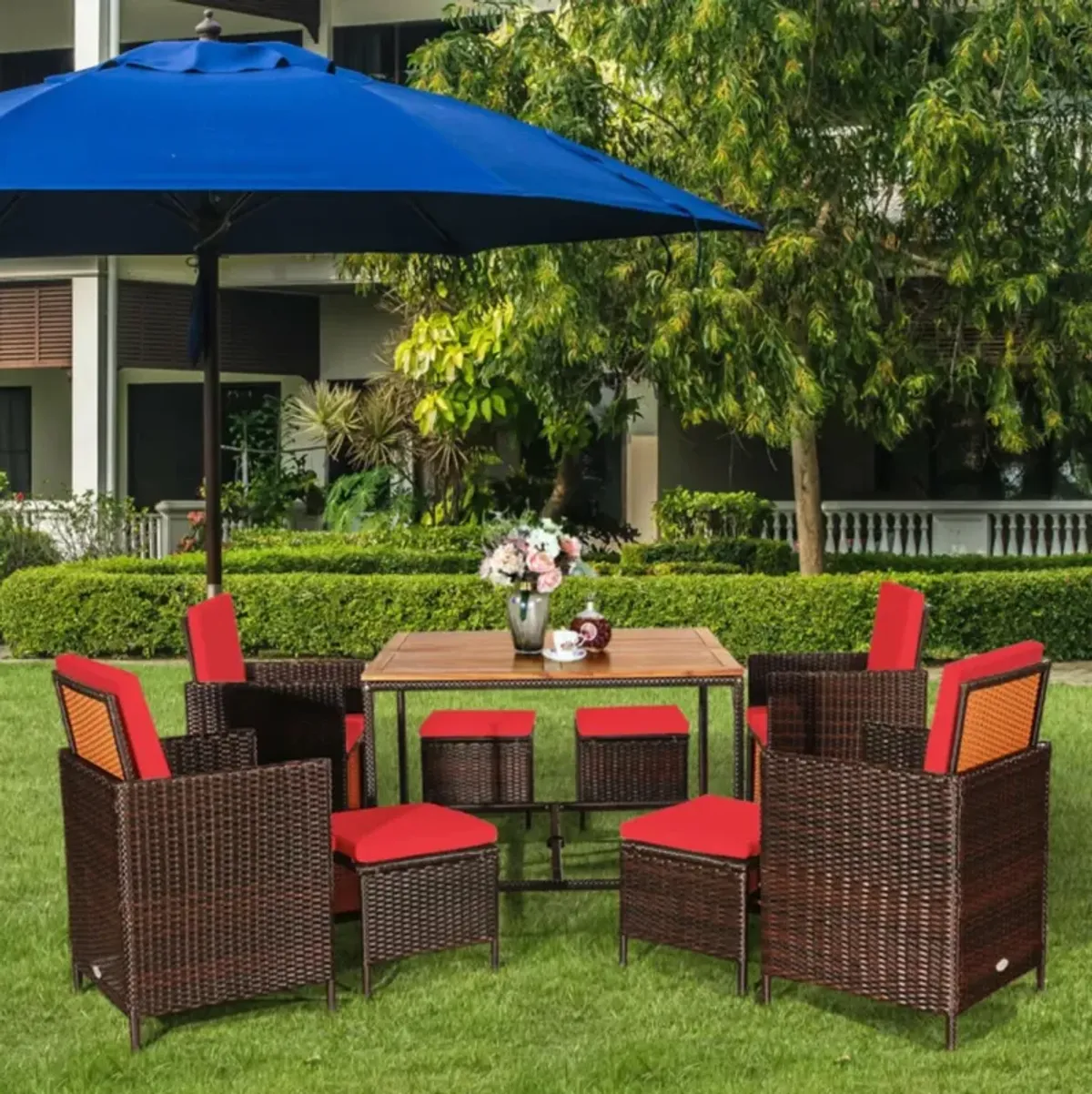 Hivvago 9 Pieces Patio Rattan Dining Cushioned Chairs Set-Red