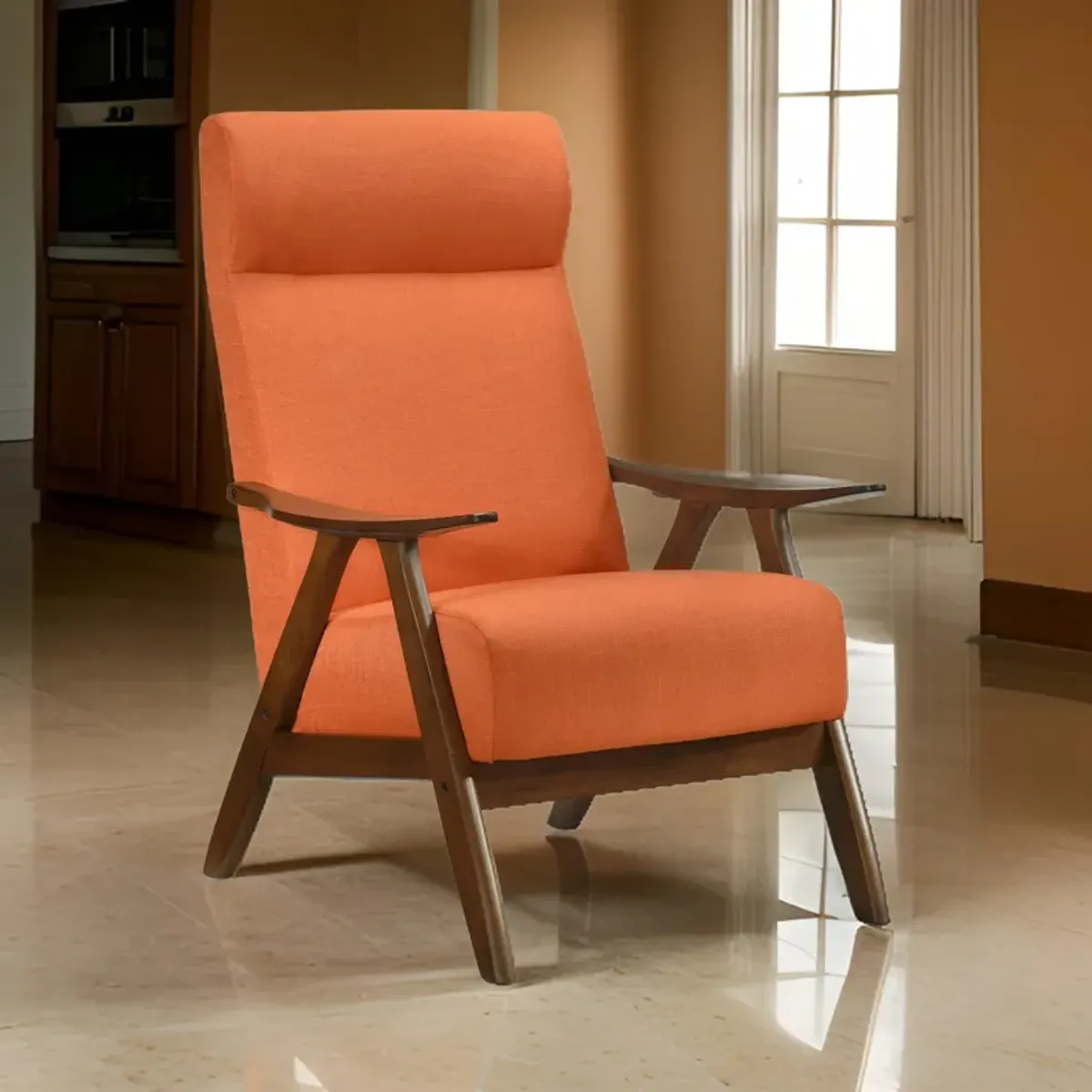 Mary 32 Inch Accent Chair Armchair, Orange Polyester Linen, Solid Wood - Benzara