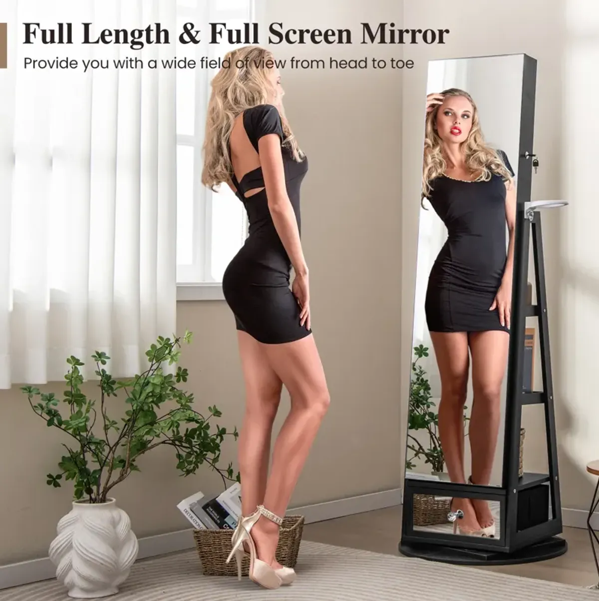 Lockable 360° Swivel Jewelry Cabinet with Full-Length Mirror LED Lights