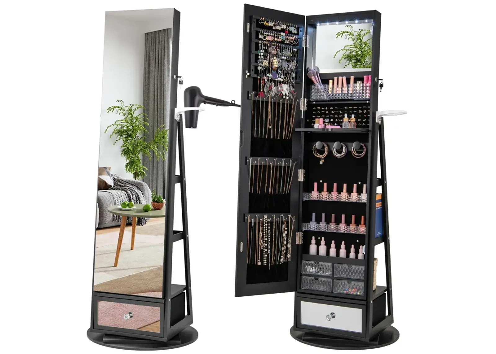 Lockable 360° Swivel Jewelry Cabinet with Full-Length Mirror LED Lights