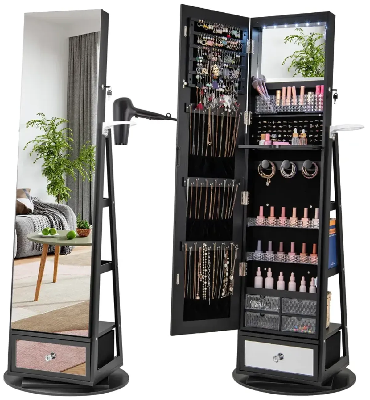 Lockable 360° Swivel Jewelry Cabinet with Full-Length Mirror LED Lights