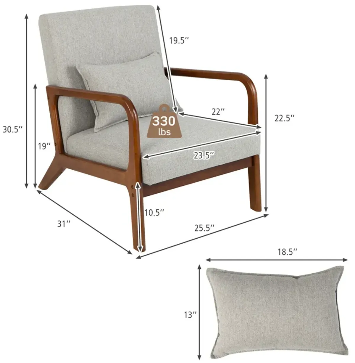 Modern Accent Chair with Rubber Wood Frame and Lumbar Pillow-Grey