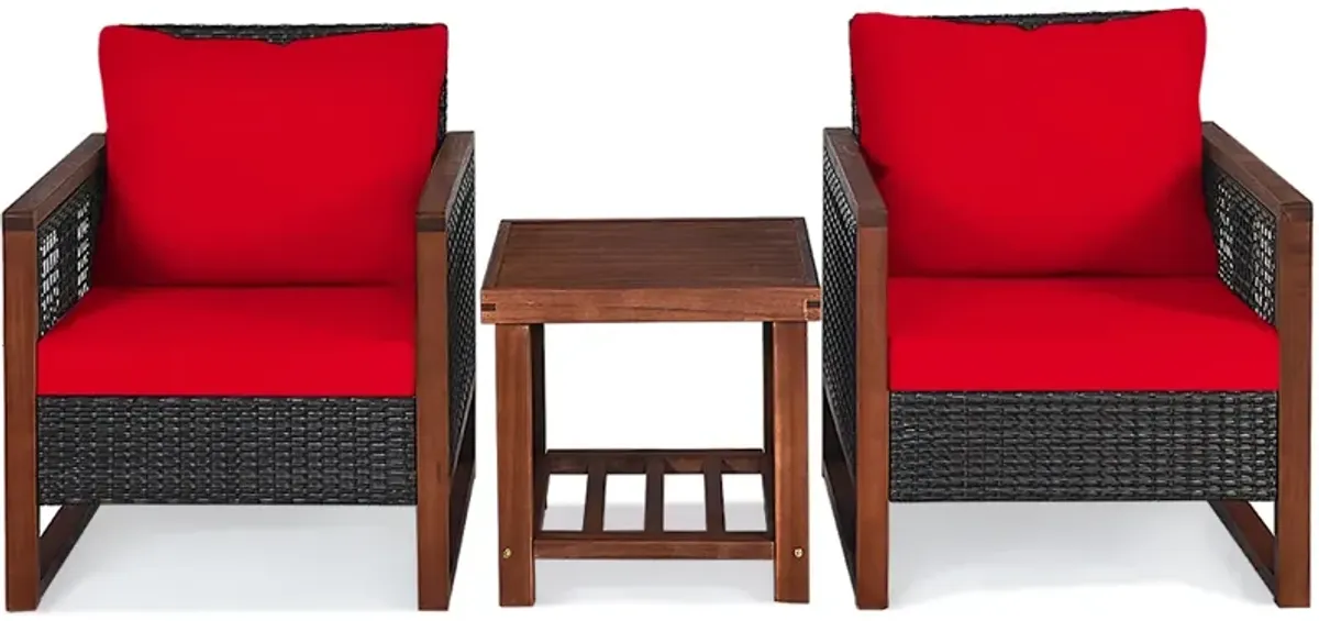 3 Pieces Patio Wicker Furniture Set with Washable Cushion and Acacia Wood Coffee Table