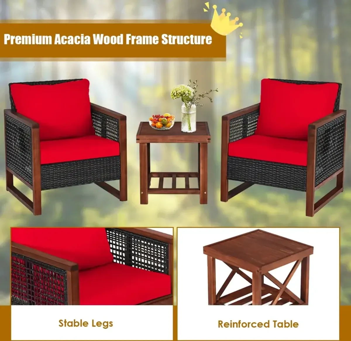 3 Pieces Patio Wicker Furniture Set with Washable Cushion and Acacia Wood Coffee Table