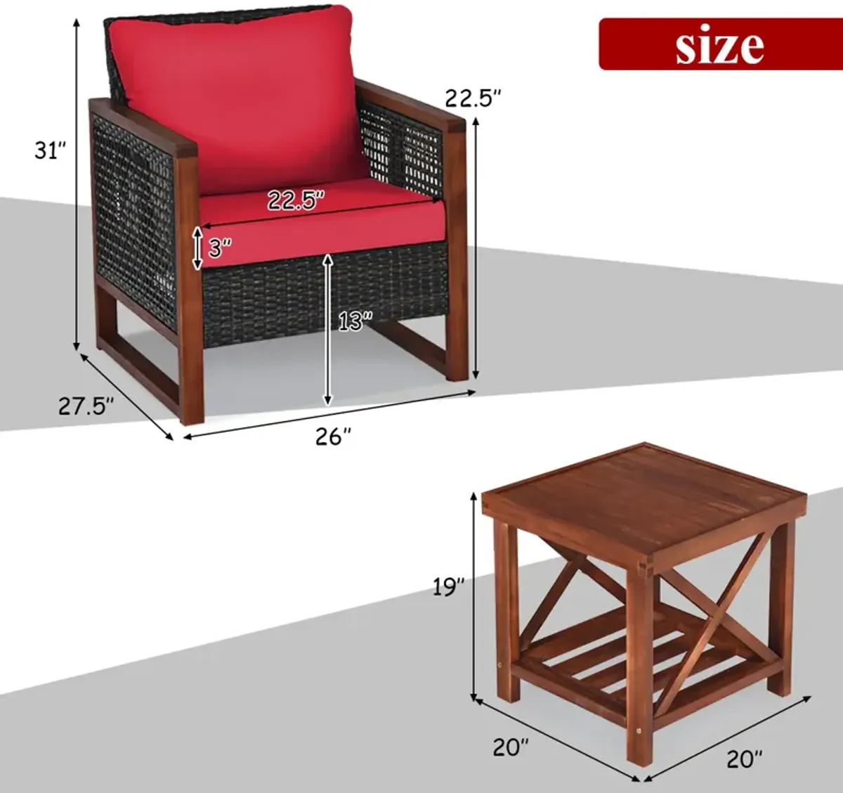 3 Pieces Patio Wicker Furniture Set with Washable Cushion and Acacia Wood Coffee Table