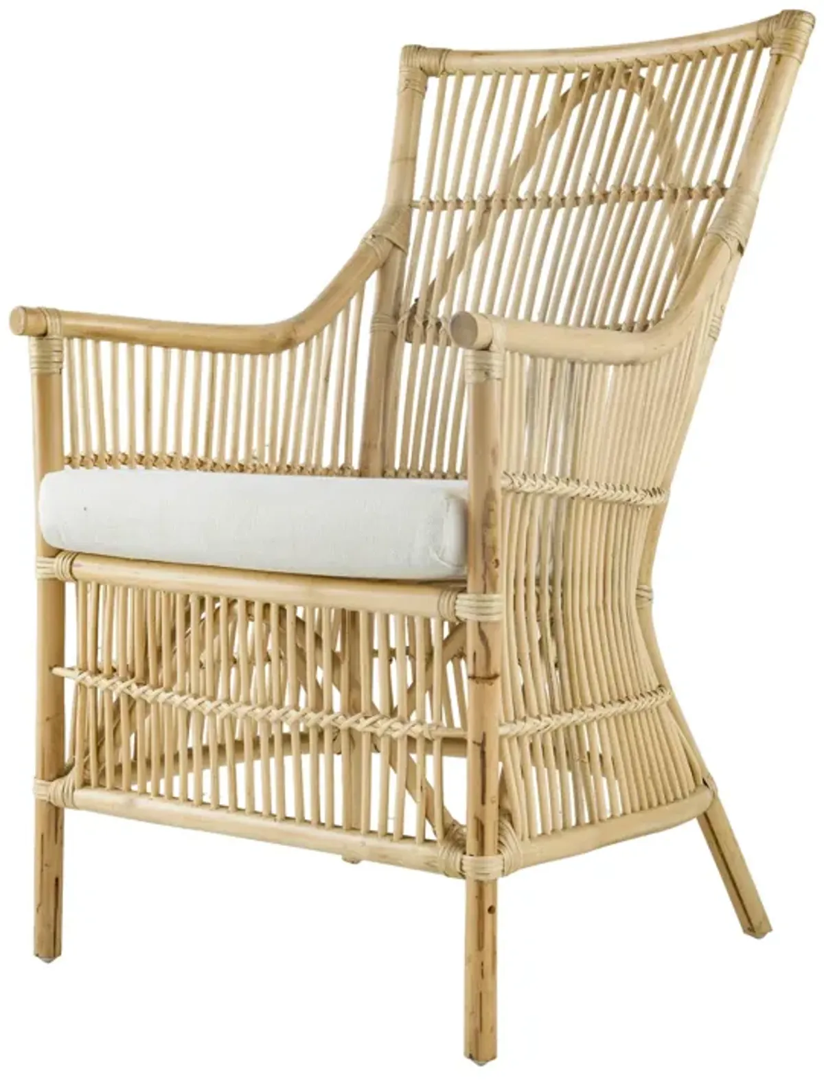 23 Inch Rattan Dining Armchair, White Fabric Padded Seat, Natural Brown - Benzara
