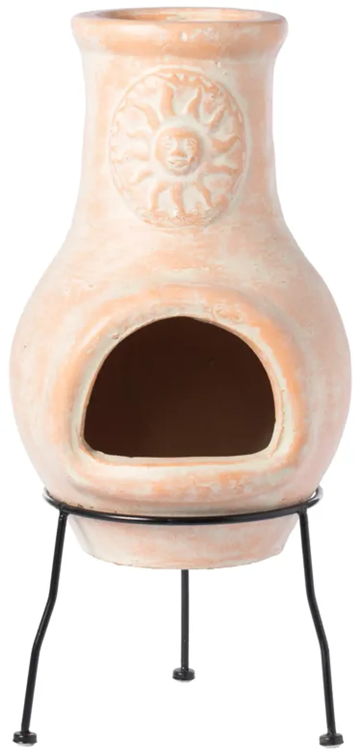 Beige Outdoor Clay Chimney Outdoor Fireplace Sun Design Charcoal Burning Fire Pit with Sturdy Metal Stand, Barbecue, Cocktail Party, Family Gathering, Cozy Nights Fire Pit