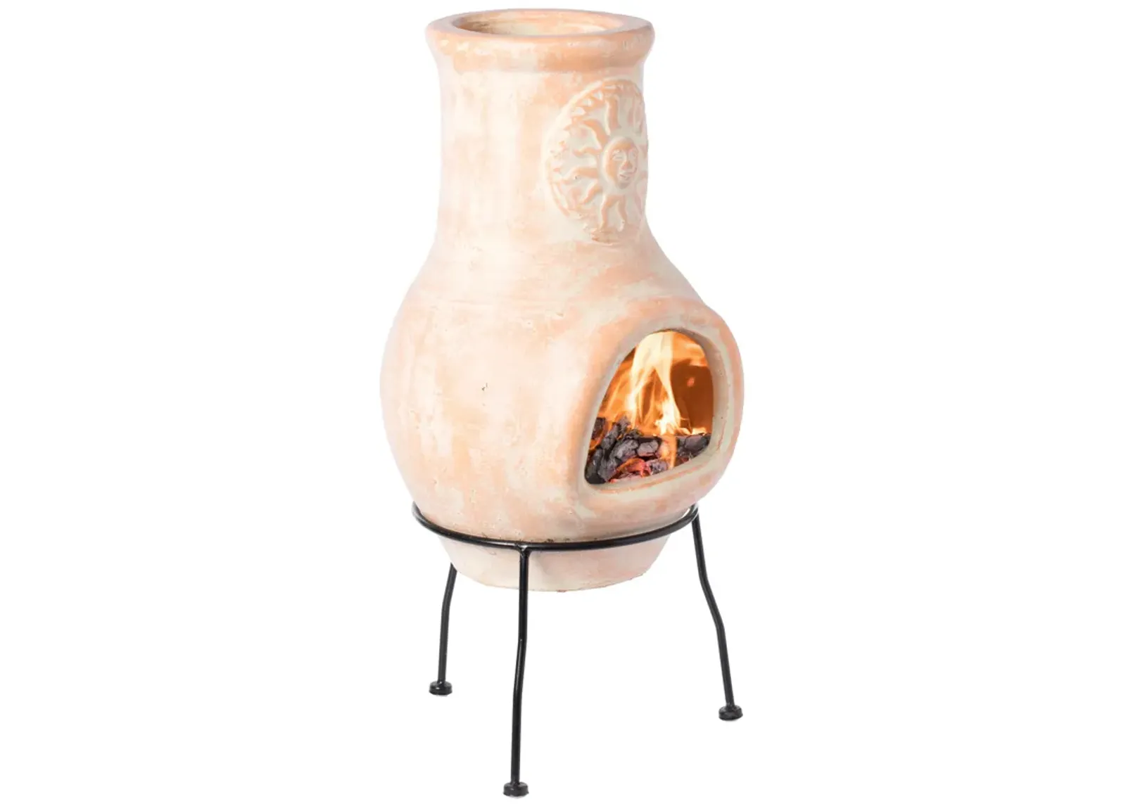 Beige Outdoor Clay Chimney Outdoor Fireplace Sun Design Charcoal Burning Fire Pit with Sturdy Metal Stand, Barbecue, Cocktail Party, Family Gathering, Cozy Nights Fire Pit