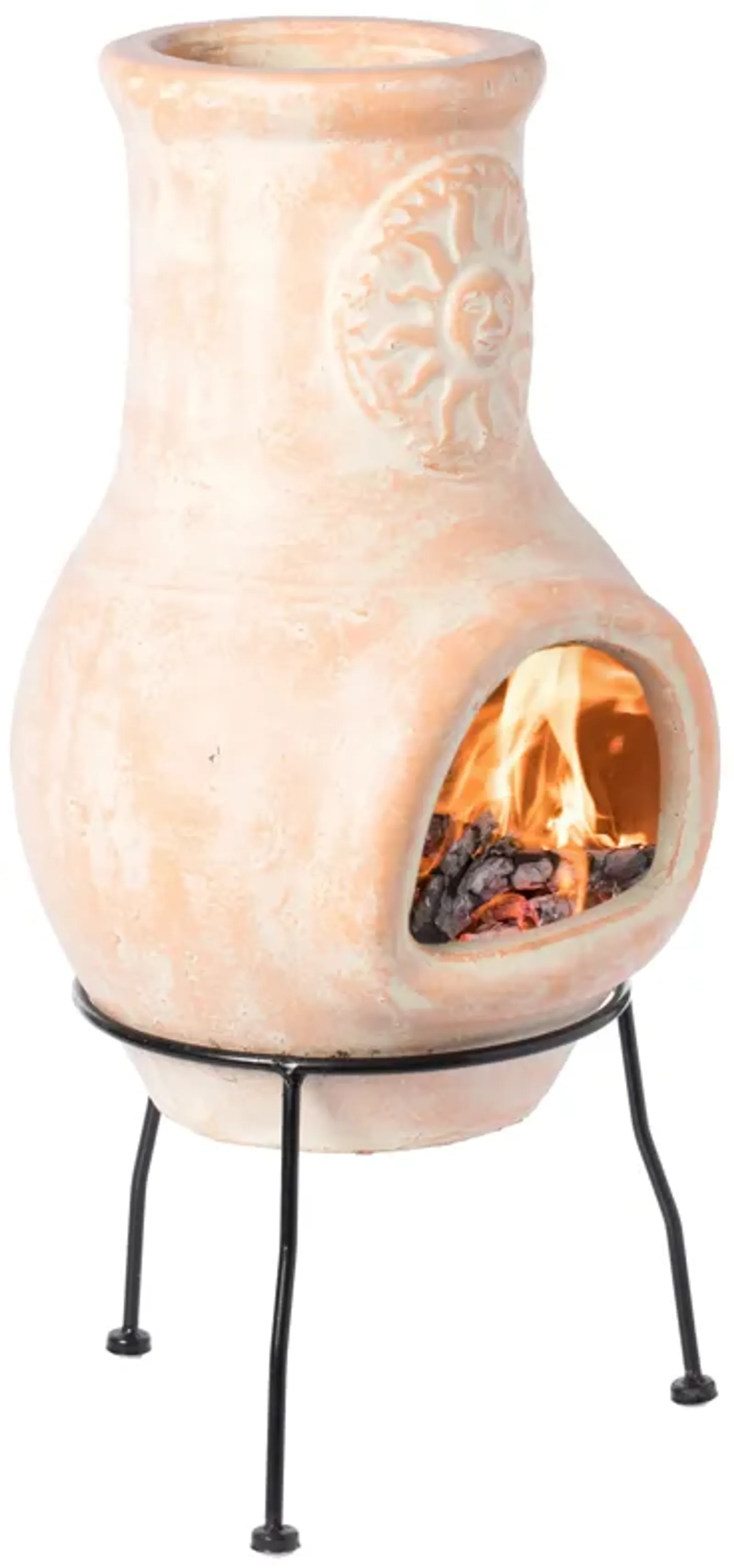 Beige Outdoor Clay Chimney Outdoor Fireplace Sun Design Charcoal Burning Fire Pit with Sturdy Metal Stand, Barbecue, Cocktail Party, Family Gathering, Cozy Nights Fire Pit