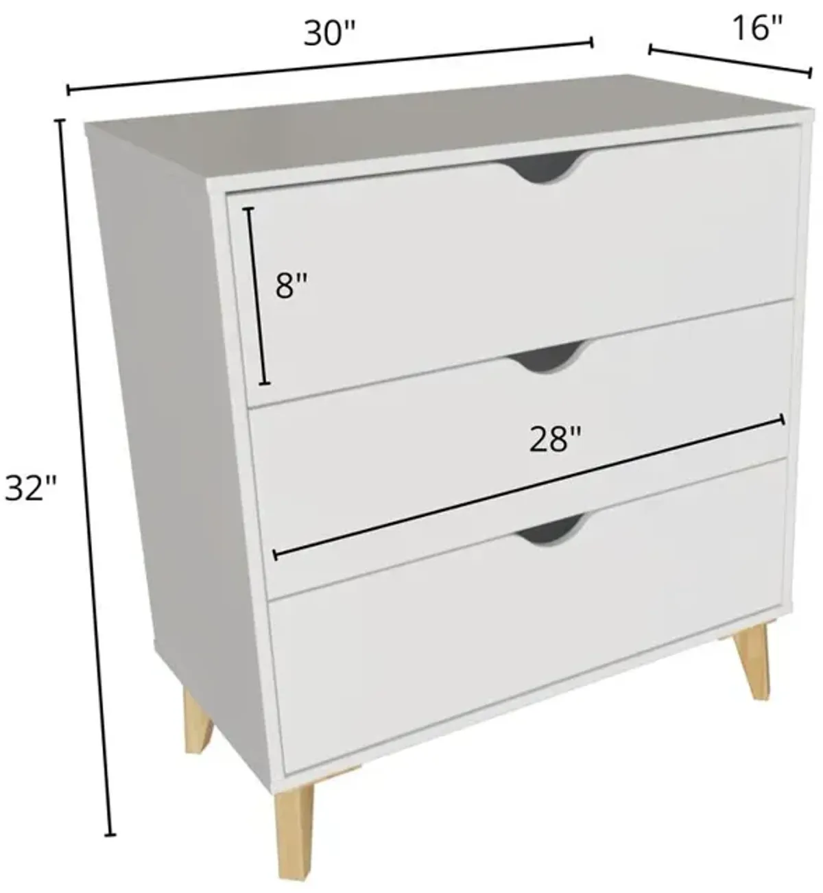 Falkk Furniture Modern Dresser for Bedroom – 3- Drawer Chest of Drawers – White