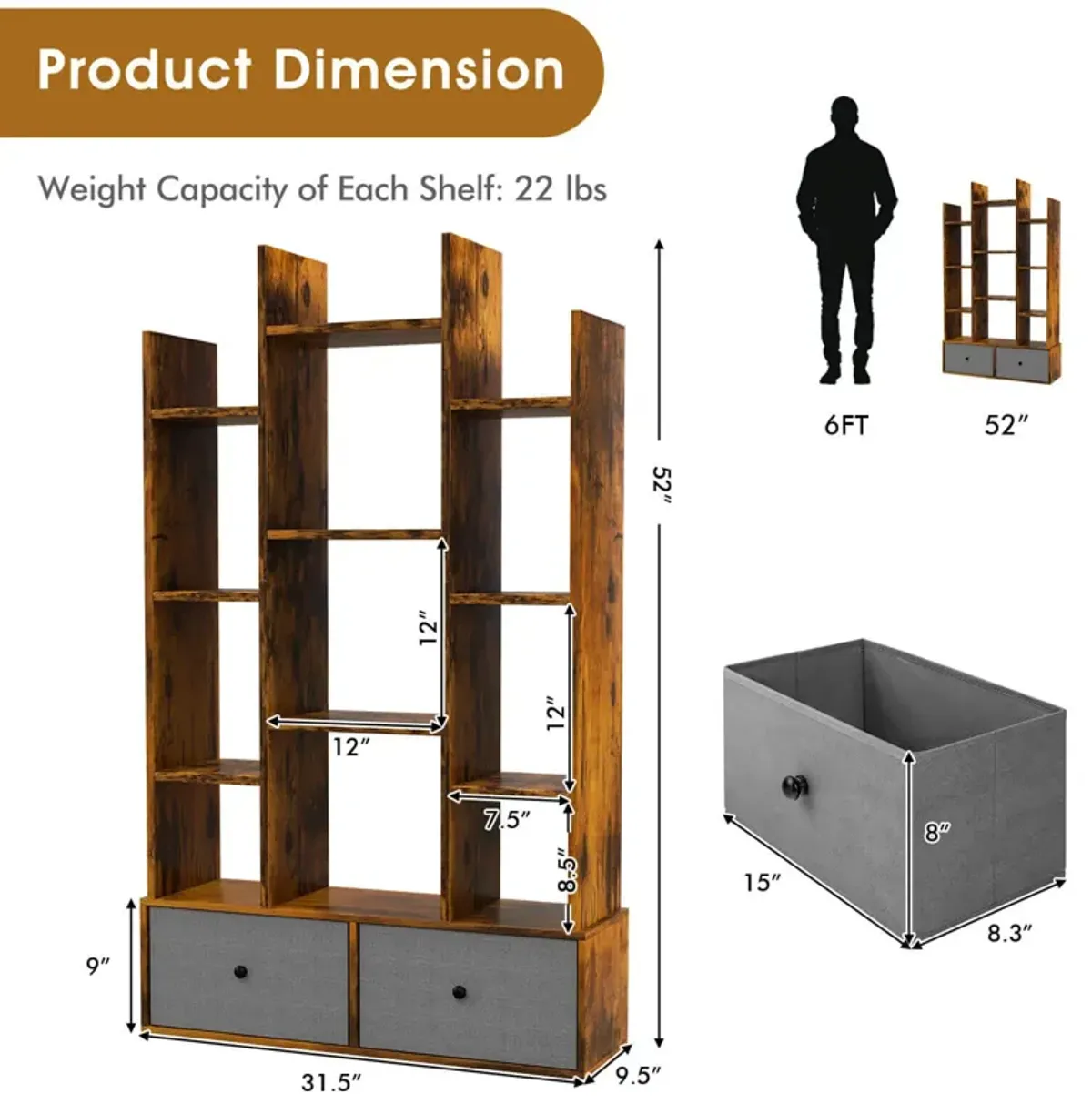 12-Tier Open-Back Freestanding Bookshelf with Drawer-Rustic Brown