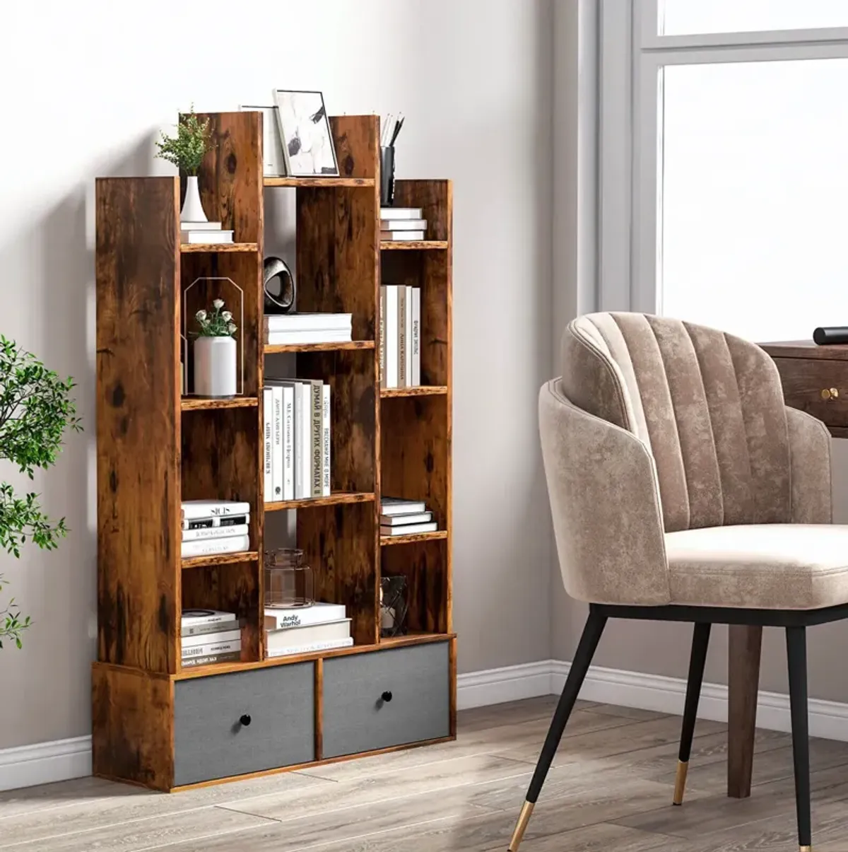 12-Tier Open-Back Freestanding Bookshelf with Drawer-Rustic Brown