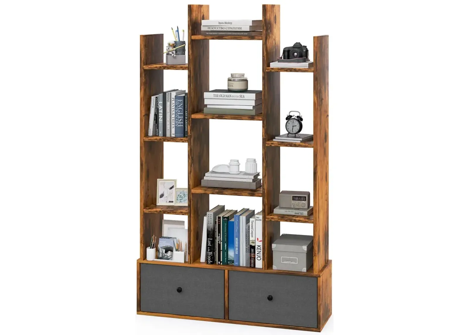 12-Tier Open-Back Freestanding Bookshelf with Drawer-Rustic Brown