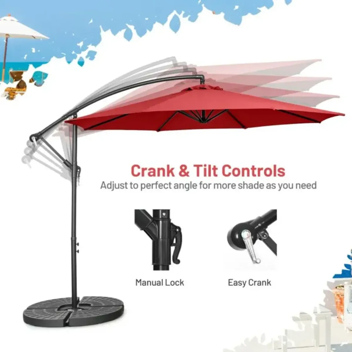 Hivvago 10 Feet Offset Umbrella with 8 Ribs Cantilever and Cross Base