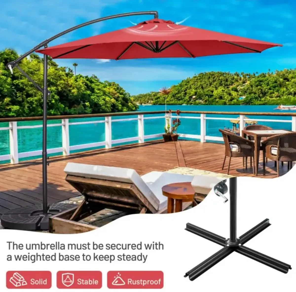 Hivvago 10 Feet Offset Umbrella with 8 Ribs Cantilever and Cross Base