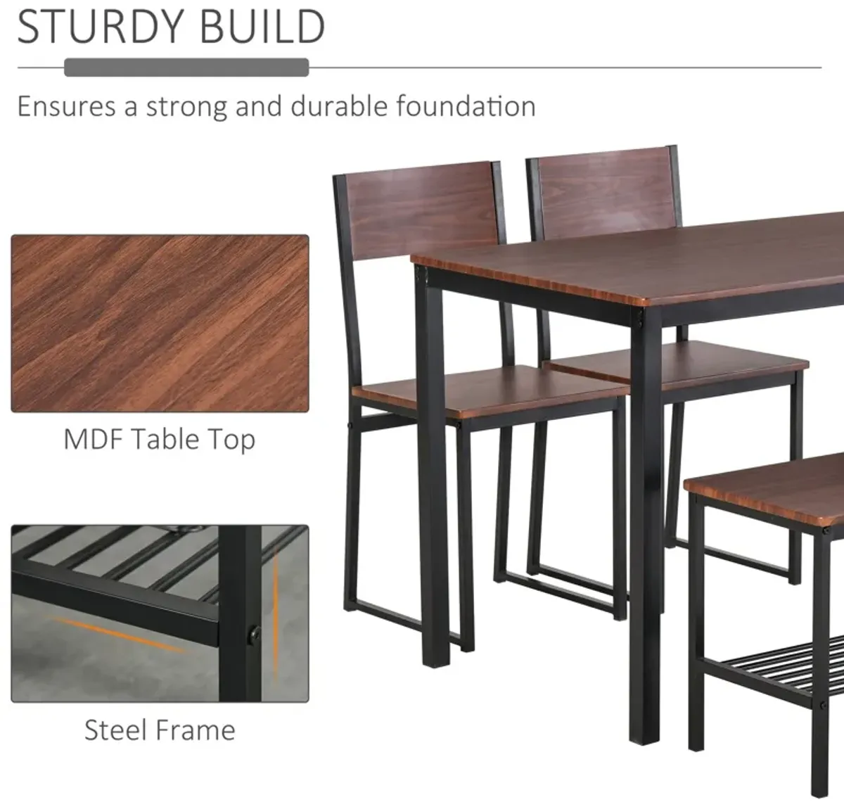 Rustic Dining Set: 4-Piece Industrial Table, Chairs, Bench, and Rack