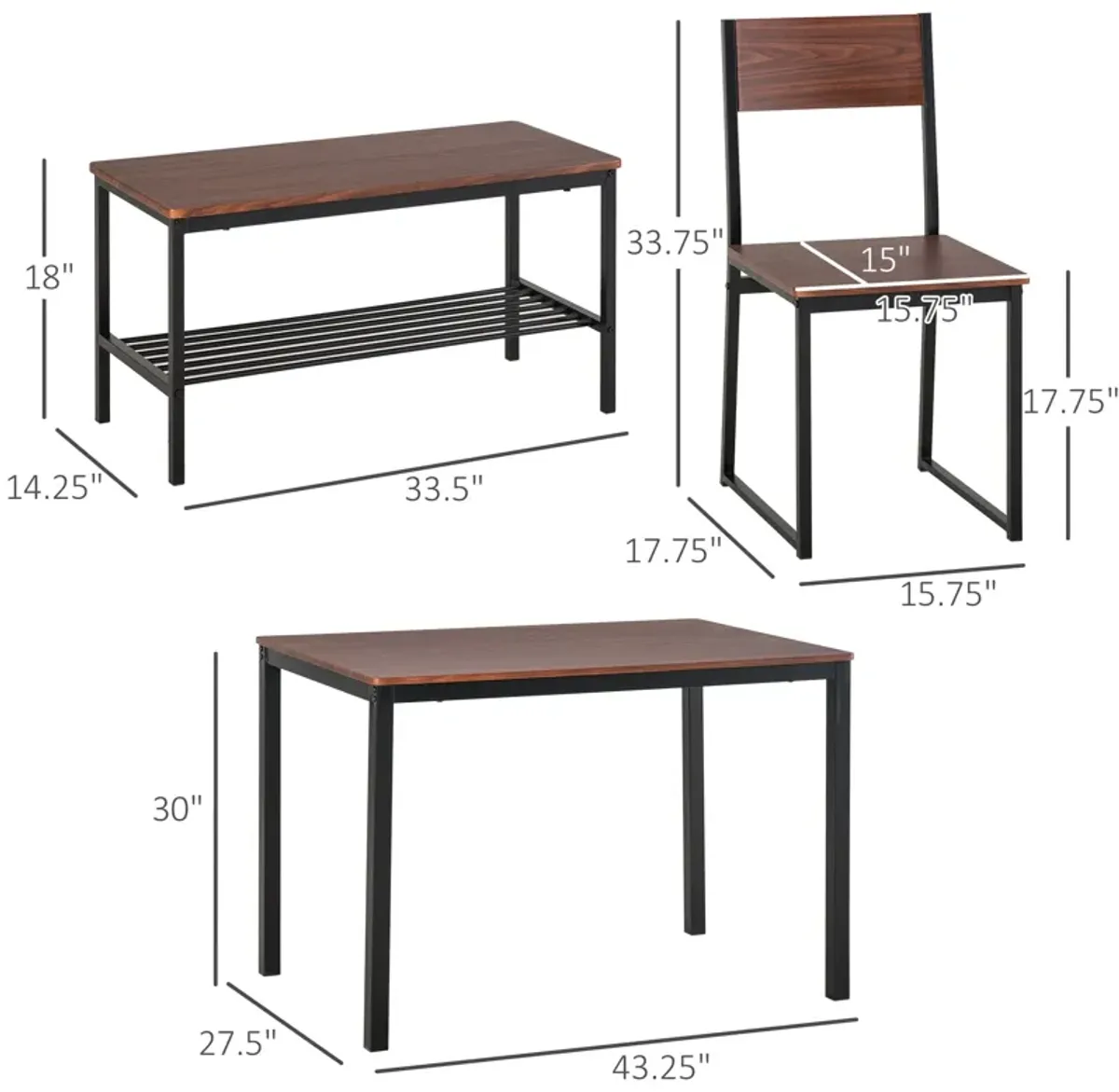 Rustic Dining Set: 4-Piece Industrial Table, Chairs, Bench, and Rack