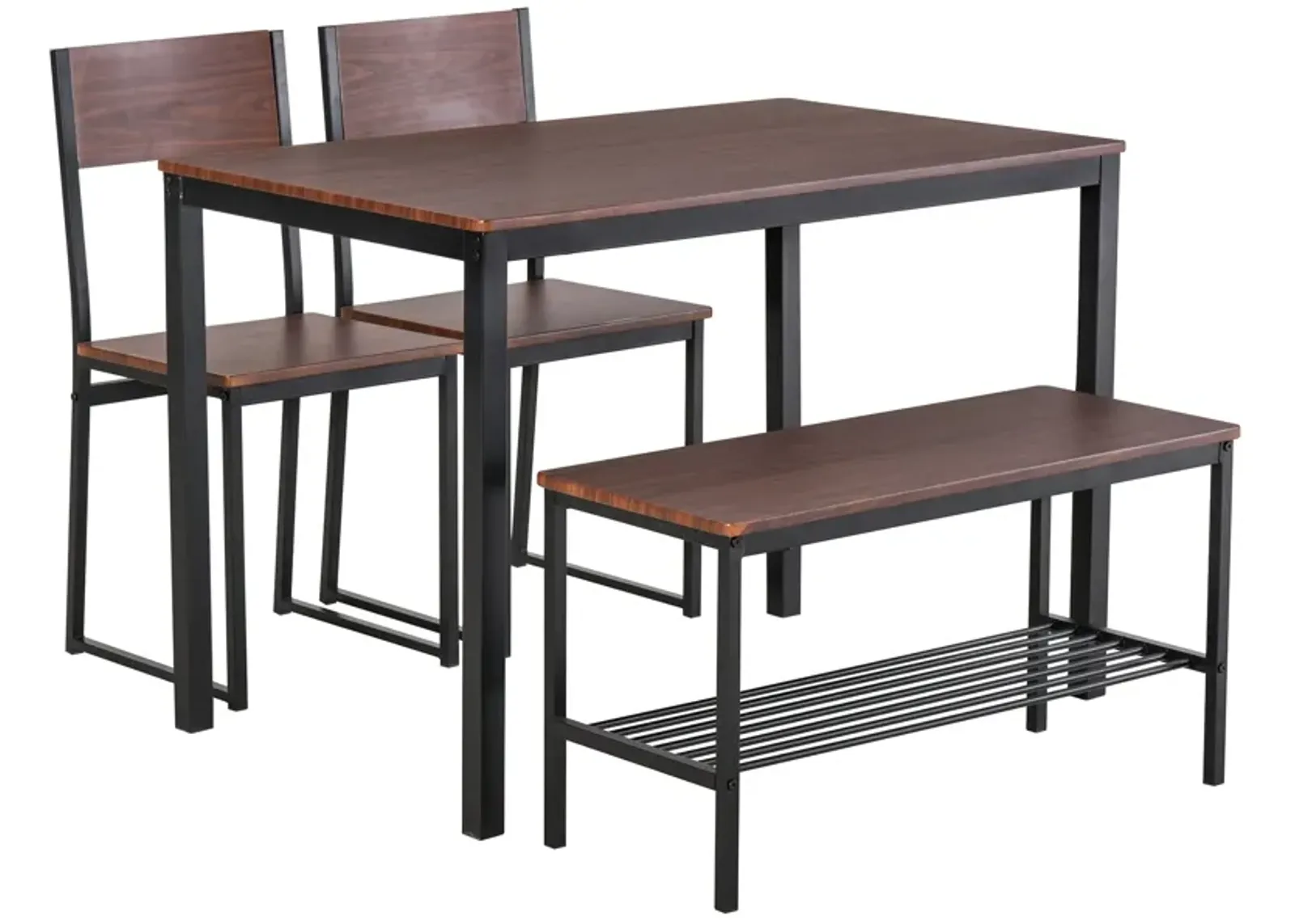 Rustic Dining Set: 4-Piece Industrial Table, Chairs, Bench, and Rack