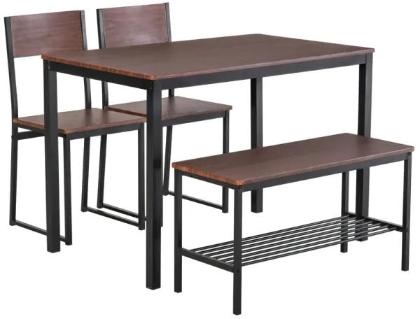 Rustic Dining Set: 4-Piece Industrial Table, Chairs, Bench, and Rack