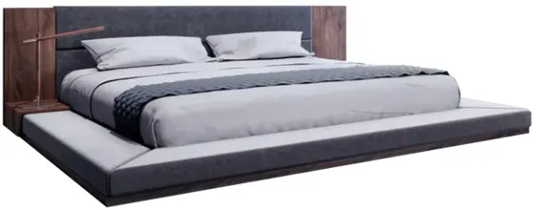 Noe Ruby California King Bed, Shelves, Low Profile, Gray Upholstery Brown - Benzara