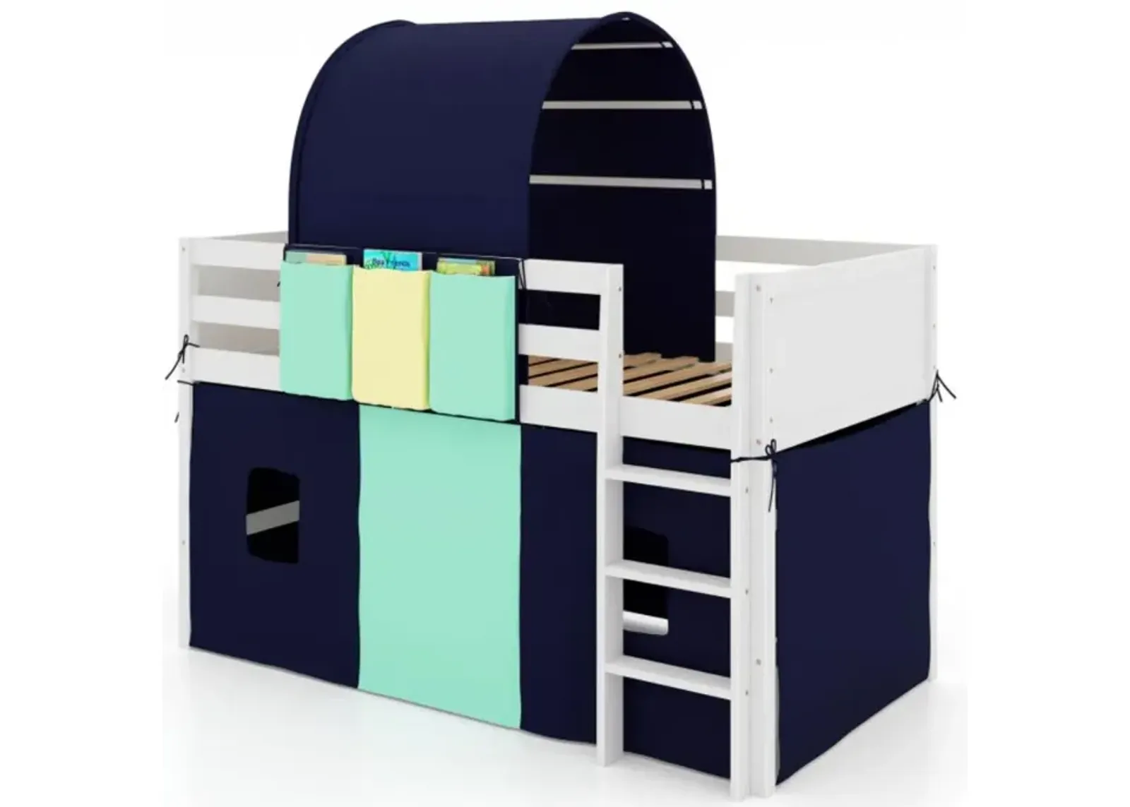 Hivvago Twin Size Loft Bed Playhouse Bed Frame with Tower Tent and 3 Storage Pockets