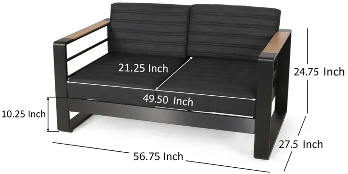 Vinia Loveseat, Outdoor Dark Gray Polyester, Wood Accents, Black, 57 Inch