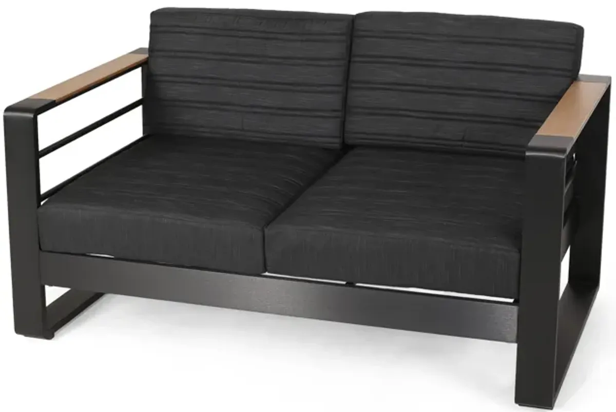 Vinia Loveseat, Outdoor Dark Gray Polyester, Wood Accents, Black, 57 Inch