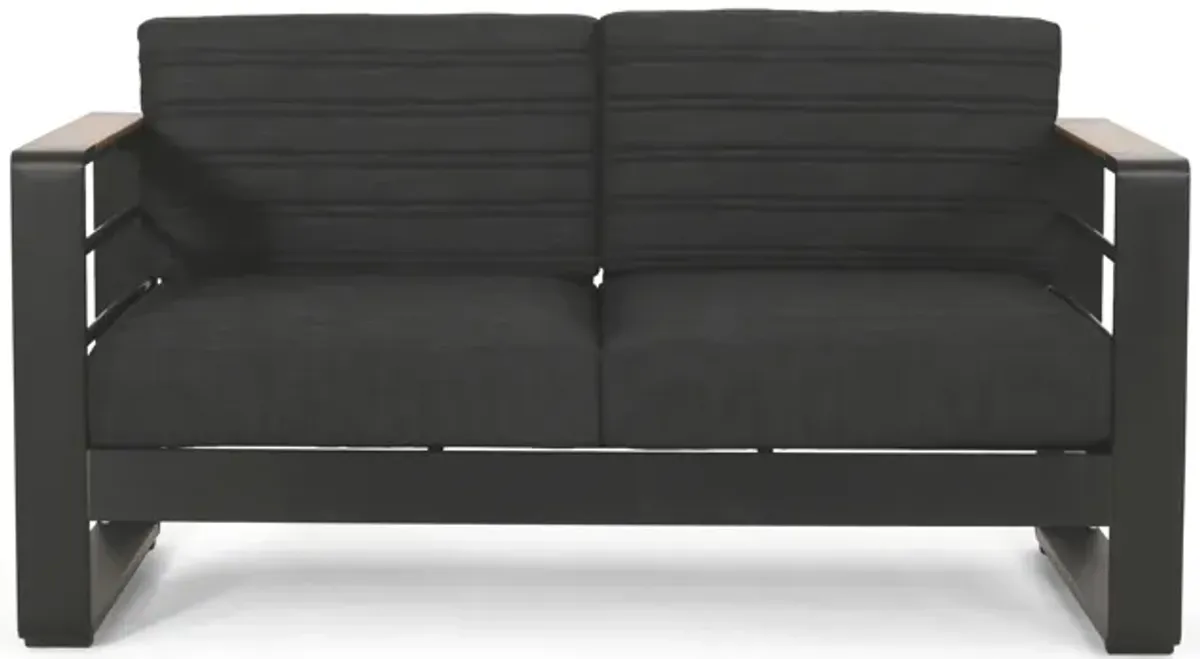 Vinia Loveseat, Outdoor Dark Gray Polyester, Wood Accents, Black, 57 Inch