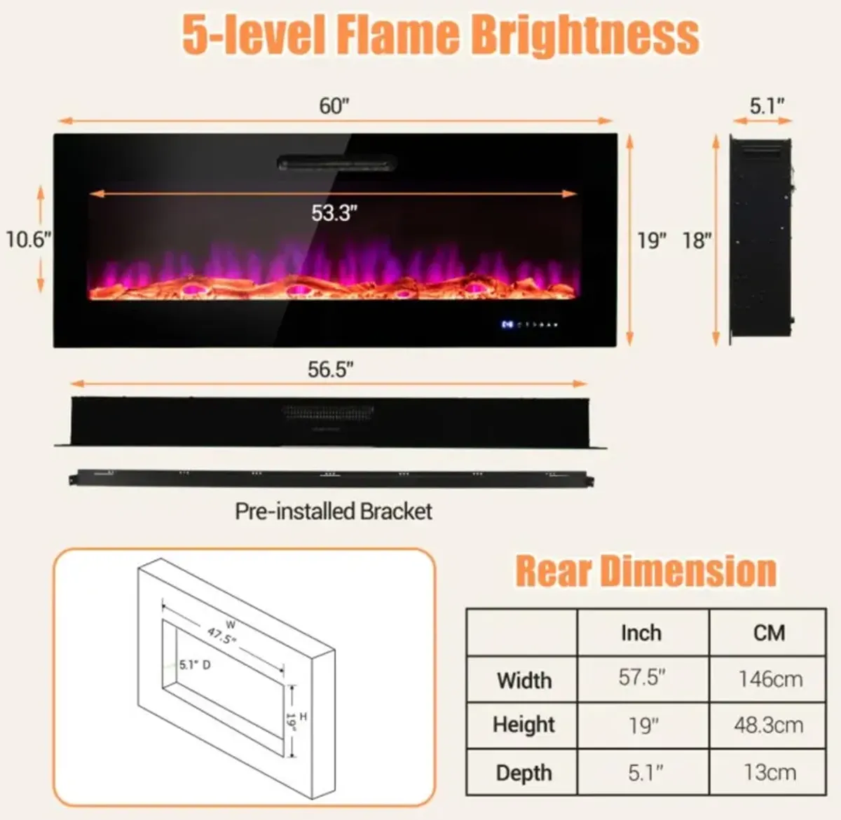 Hivvago 50/60 Inch Wall Mounted Recessed Electric Fireplace with Decorative Crystal and Log-60 inches