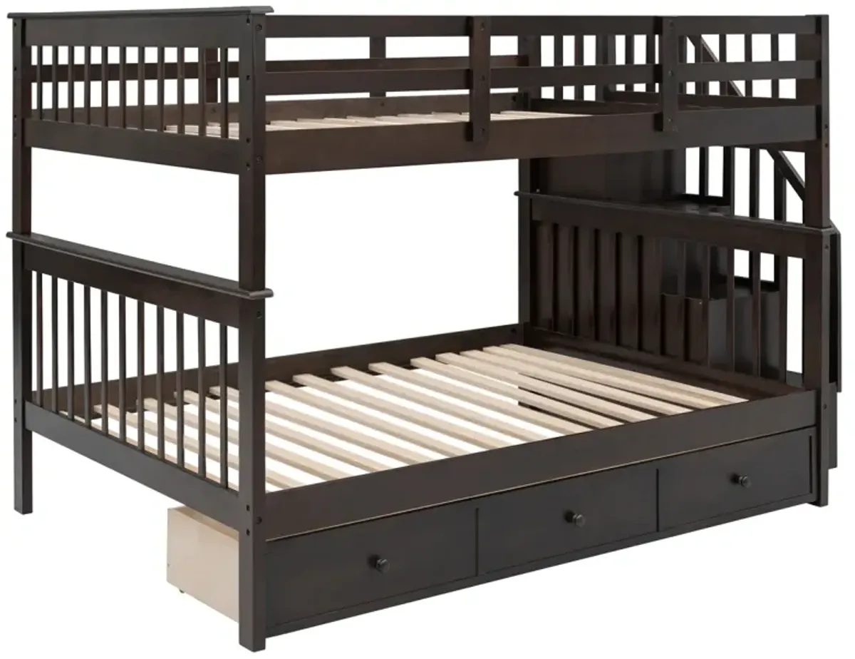 Stairway Full-Over-Full Bunk Bed With Drawer, Storage And Guard Rail For Bedroom