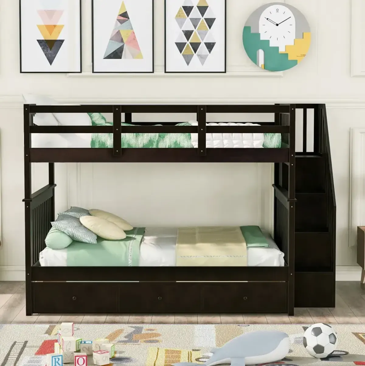 Stairway Full-Over-Full Bunk Bed With Drawer, Storage And Guard Rail For Bedroom