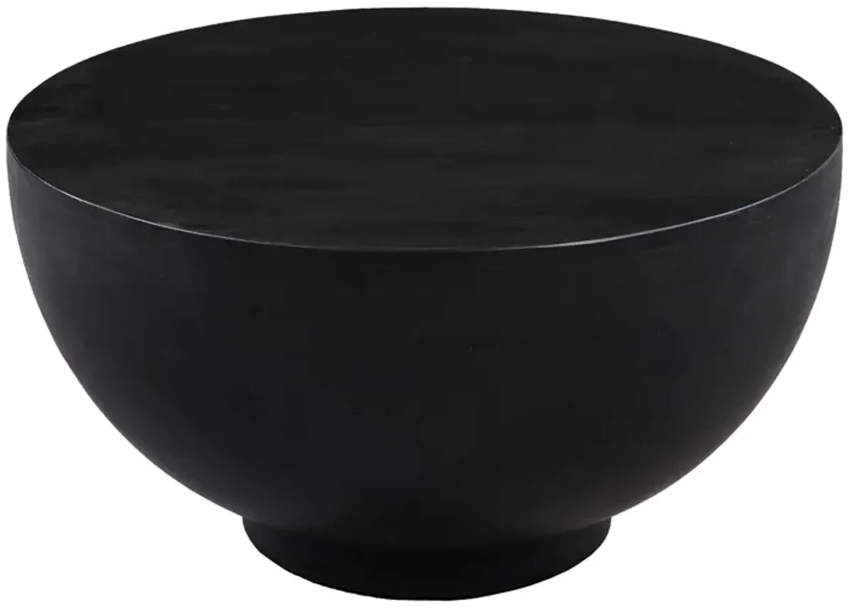 30 Inch Modern Art Coffee Table, Round Drum Shape, Solid Mango Wood, Matte Black-Benzara