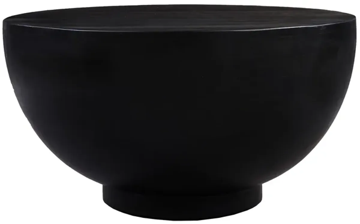30 Inch Modern Art Coffee Table, Round Drum Shape, Solid Mango Wood, Matte Black-Benzara