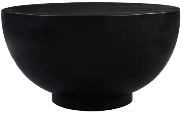 30 Inch Modern Art Coffee Table, Round Drum Shape, Solid Mango Wood, Matte Black-Benzara
