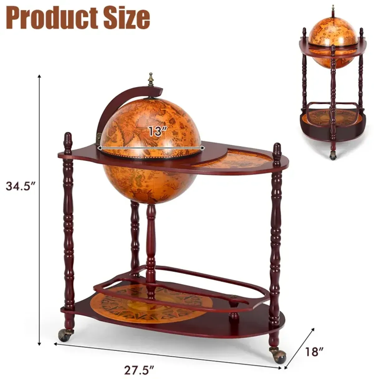 Vintage Globe Rolling Wine Bar Cart with Extra Shelf