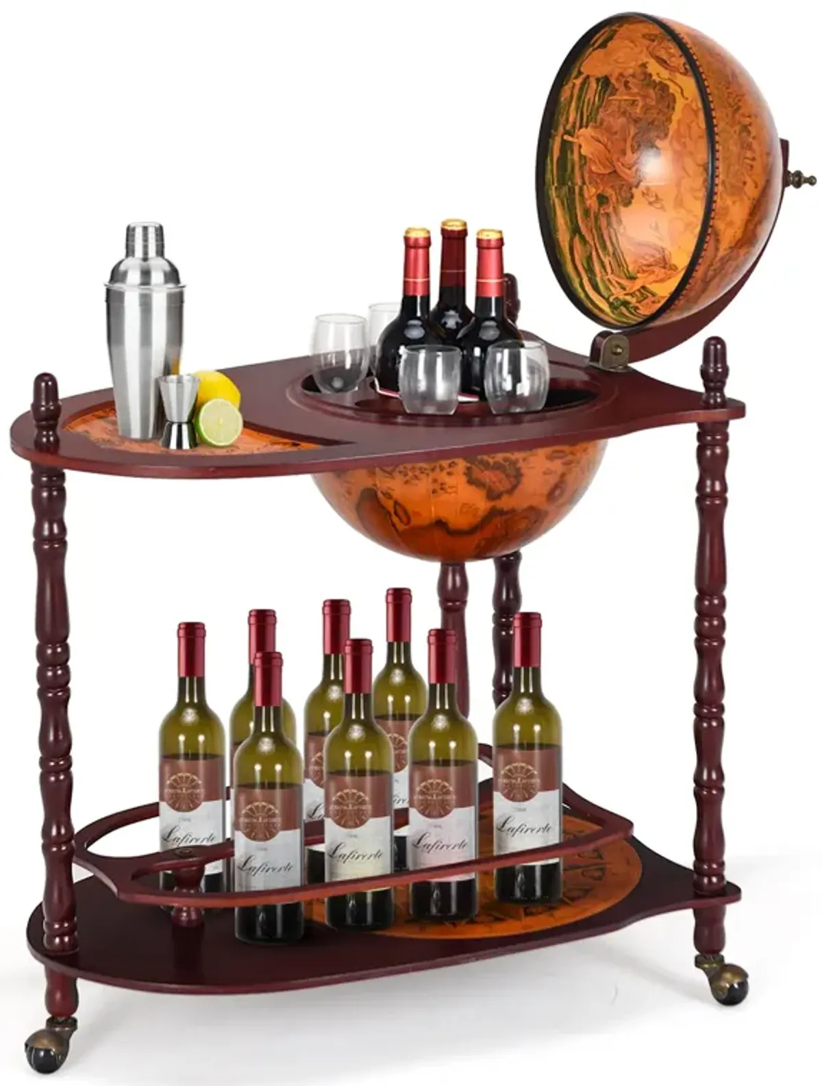 Vintage Globe Rolling Wine Bar Cart with Extra Shelf