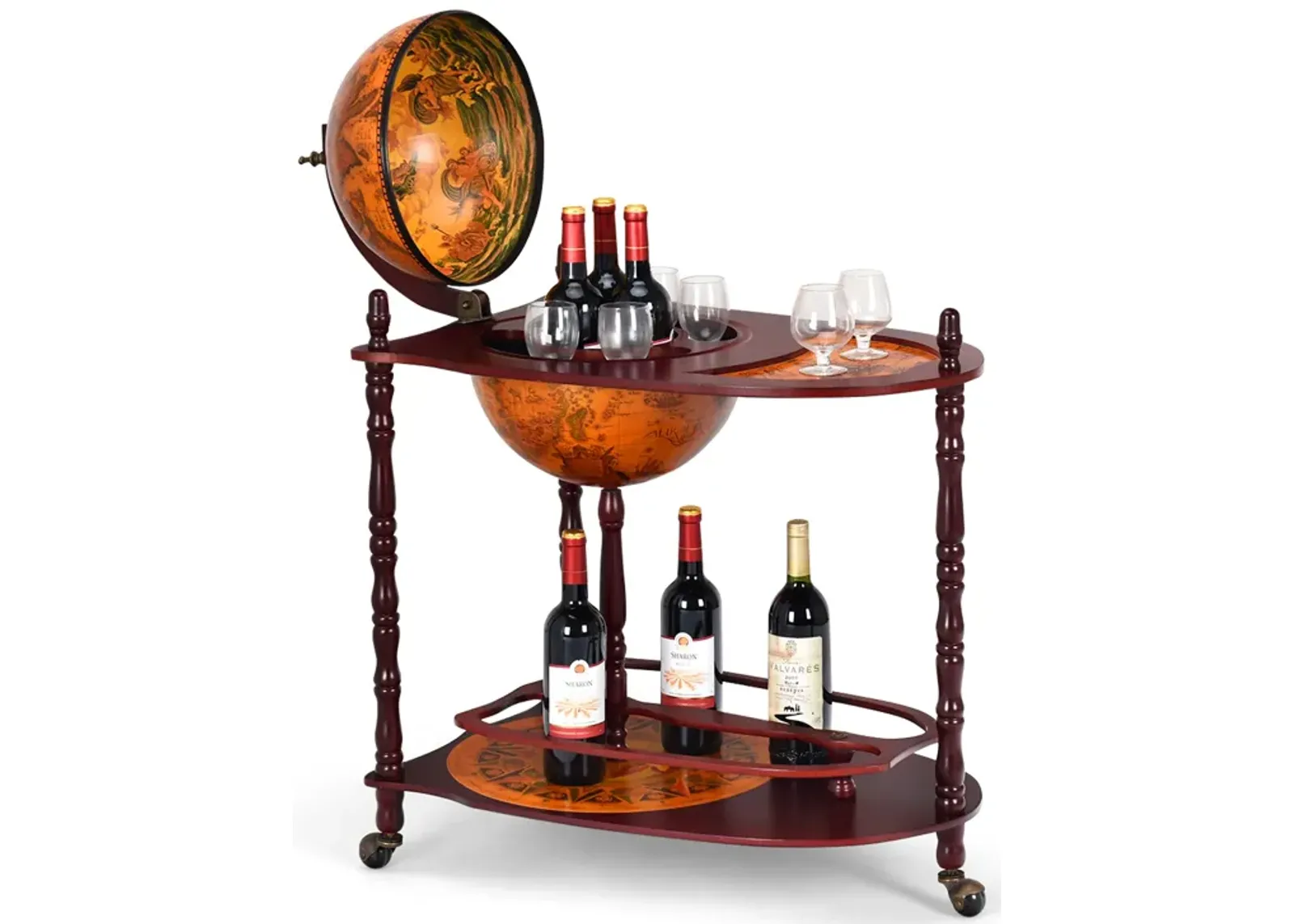 Vintage Globe Rolling Wine Bar Cart with Extra Shelf