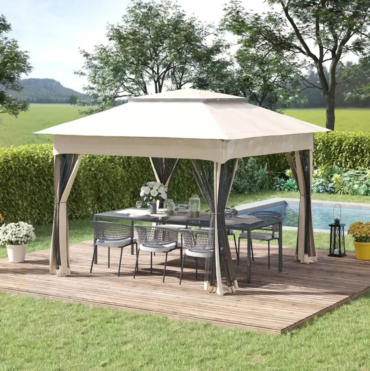 Beige Event Shelter: 11'x11' Pop-Up Gazebo with 2-Tier Top