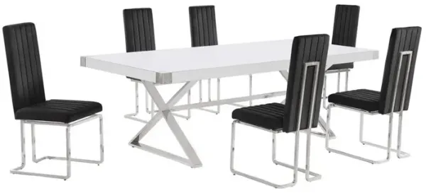 Best Quality Furniture 7pc Large(94) white wood top dining set with silver base and 6 chairs