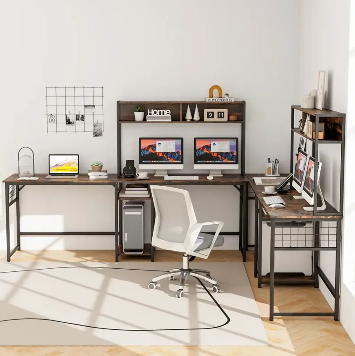 L-shaped Desk with Power Outlet Hutch