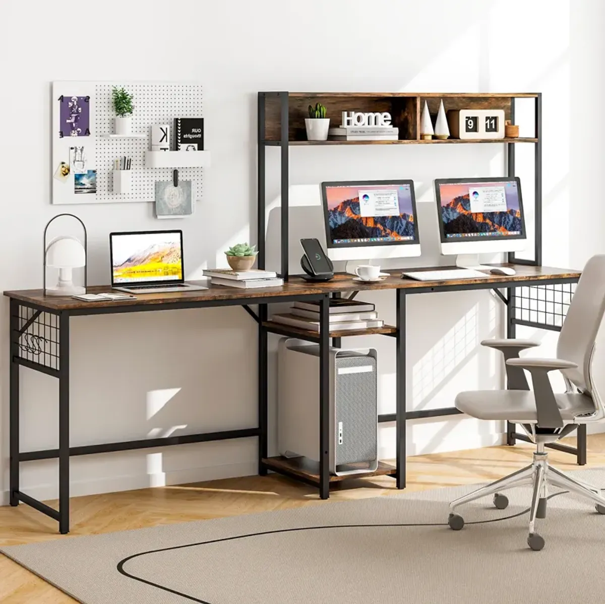 L-shaped Desk with Power Outlet Hutch