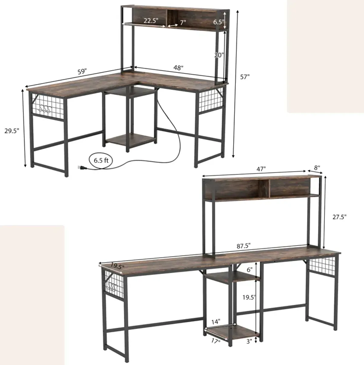 L-shaped Desk with Power Outlet Hutch