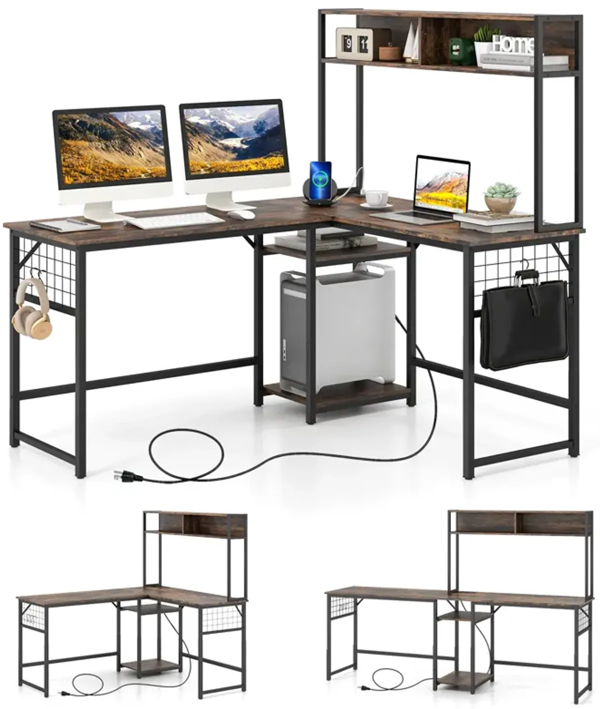 L-shaped Desk with Power Outlet Hutch