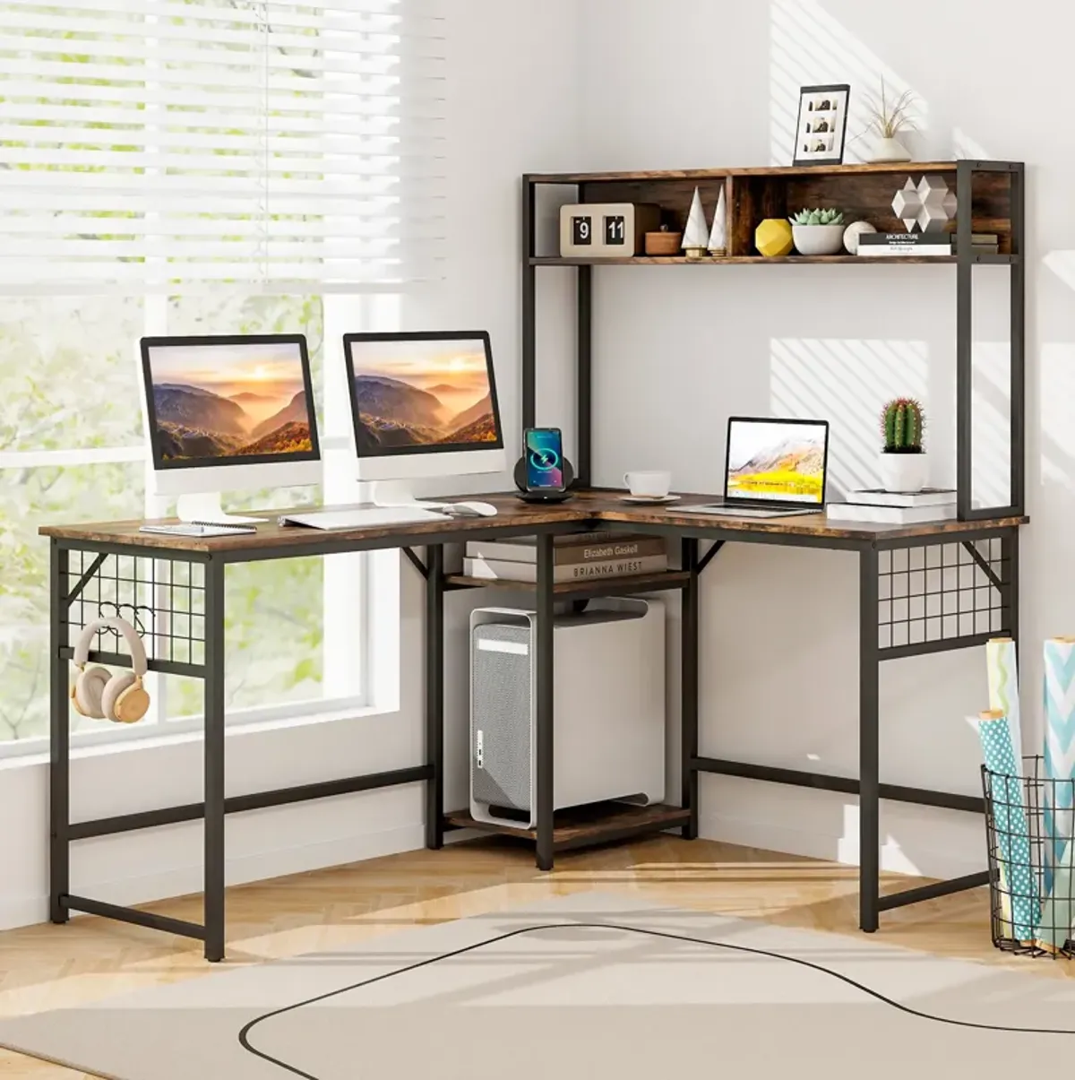 L-shaped Desk with Power Outlet Hutch