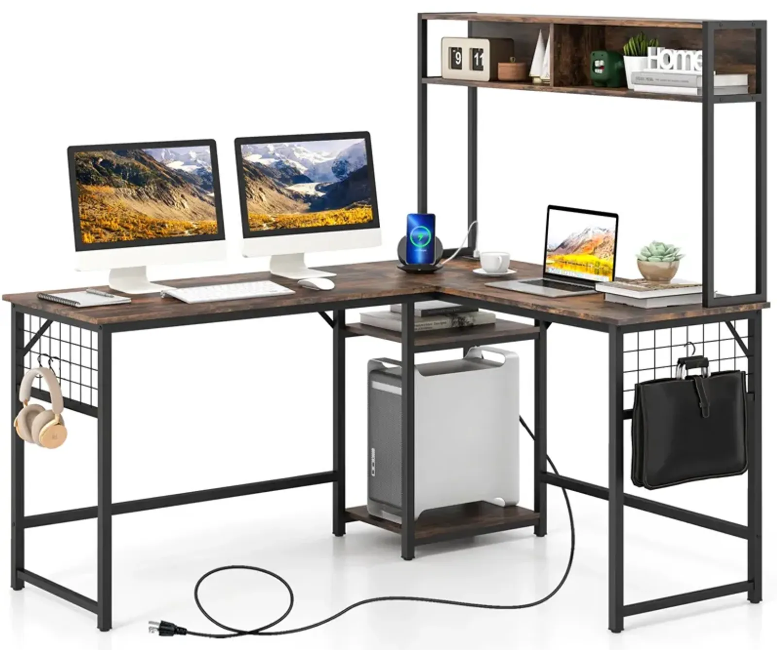 L-shaped Desk with Power Outlet Hutch