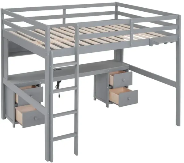 Whisen Full Size Loft Bed with Desk, Cabinets, Drawers and Bedside Tray, Built-in Charging Station - White