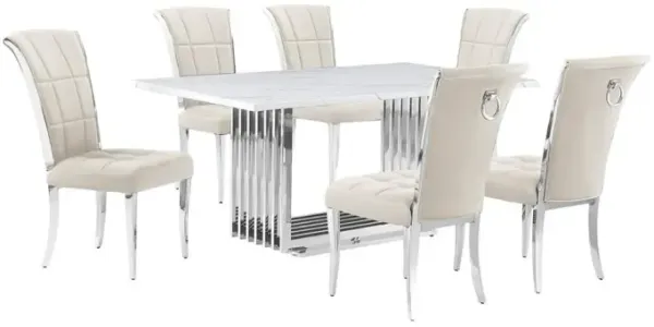 7pc Small(68") marble top dining set with silver base and 6 Cream side chairs