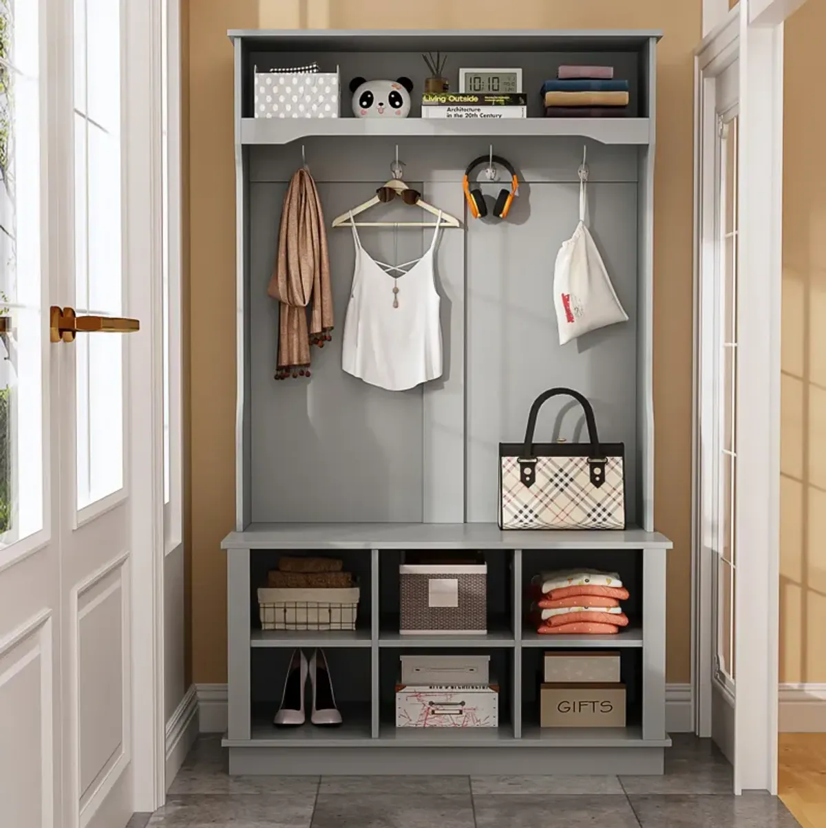 Black Painted Hall Tree with Shoe Bench, Hanging Hooks, and Storage Cubbies, Entryway