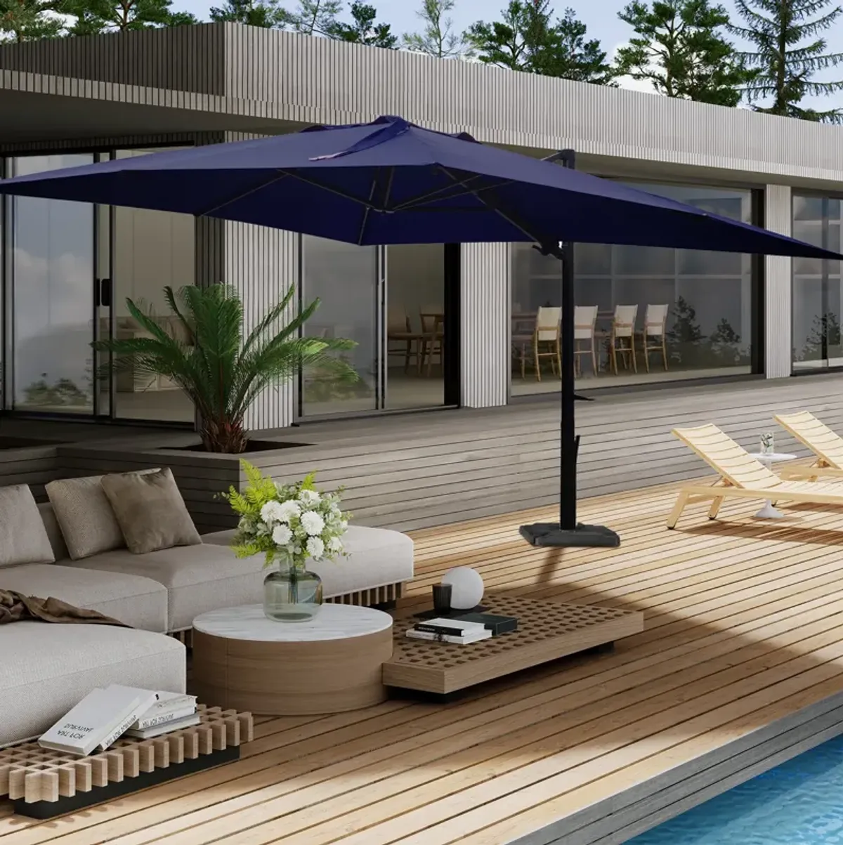 10 x 10 ft. 360° Rotation Square Patio Cantilever Umbrella with Base in Navy Blue